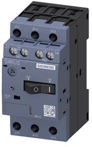 'Siemens SIRIUS contactor with black on/off switch, three poles top and bottom, marked terminals. Dark grey housing.'