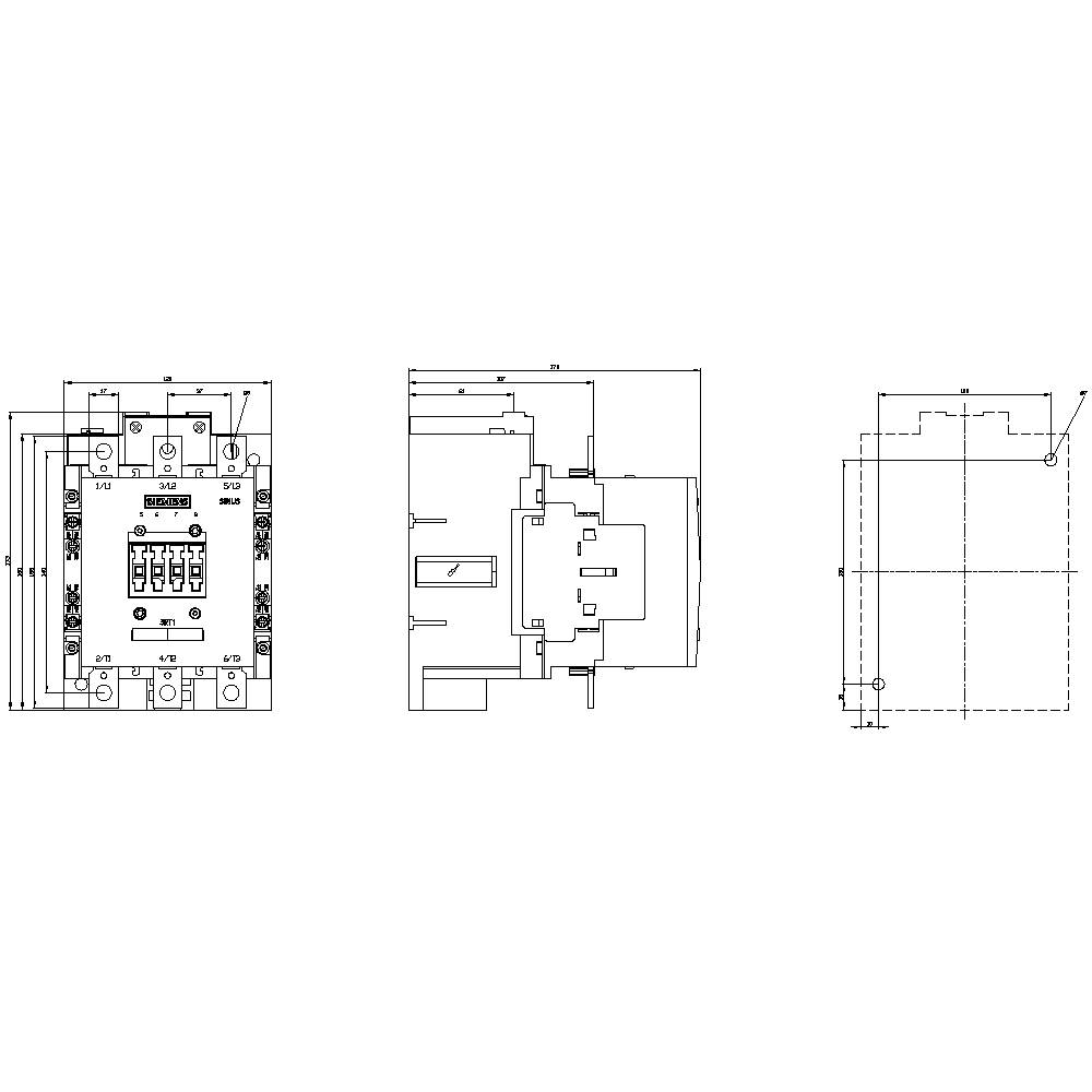 Technical Drawing: Front, Side, and Top View of an Electrical Device with Contact Terminals and Structural Details.
