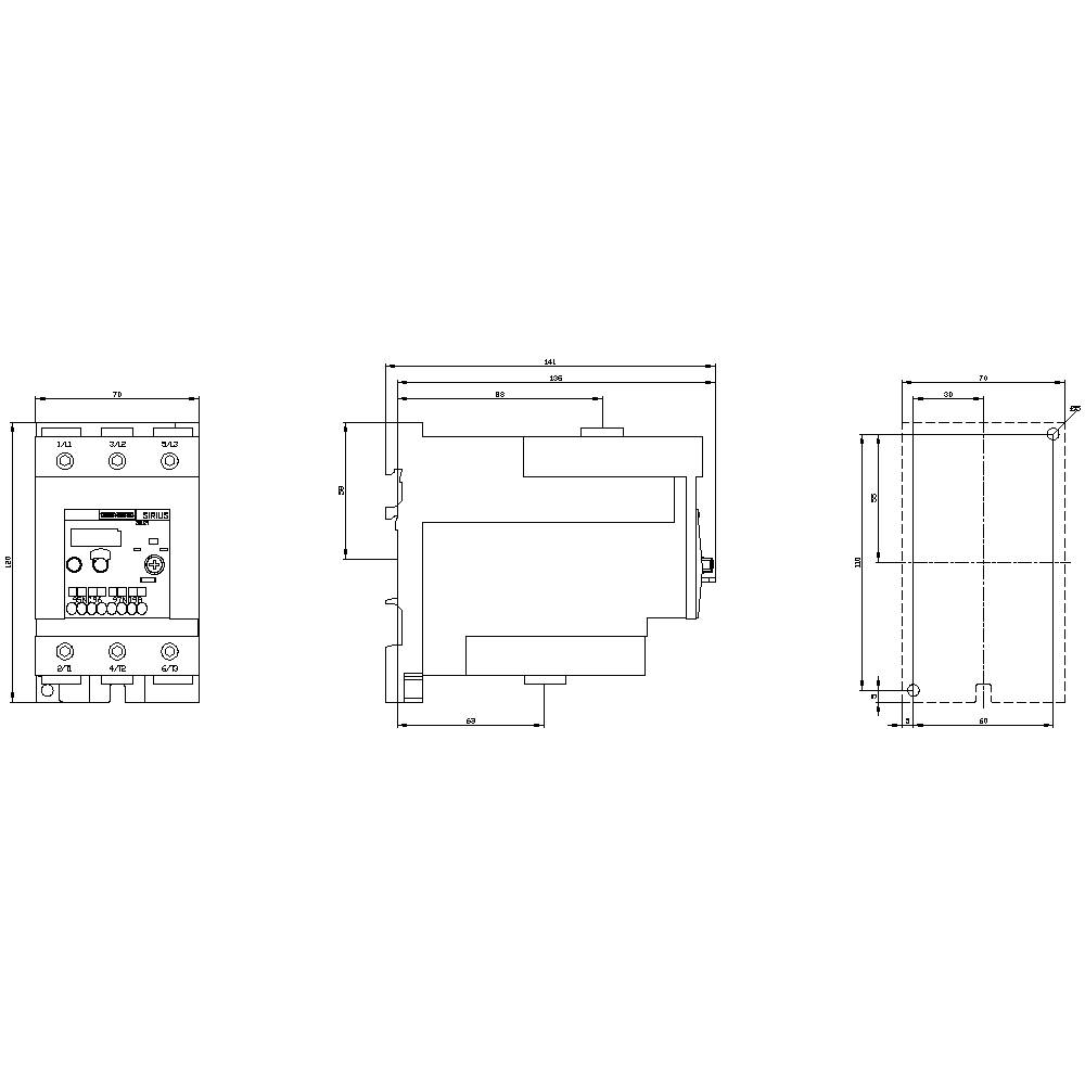 Technical drawing of an electronic device with three views: front view, side view, and top view, each with dimensional specifications.
