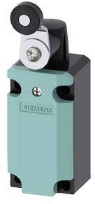 An industrial position switch with a lever arm, light blue casing and visible brand name on the front.