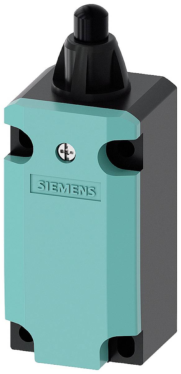 Industrial switch with a turquoise-blue housing and black actuator, 'Siemens' brand name on the front.