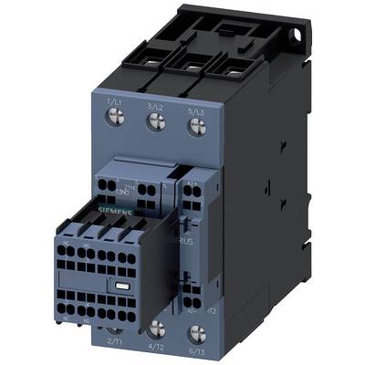 A three-phase circuit breaker with a blue-black casing and multiple connection terminals for electrical control.