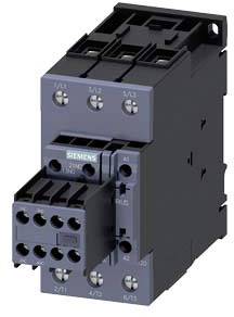 A black and grey electrical contactor with multiple screw terminals and a 'Siemens' logo on the front.