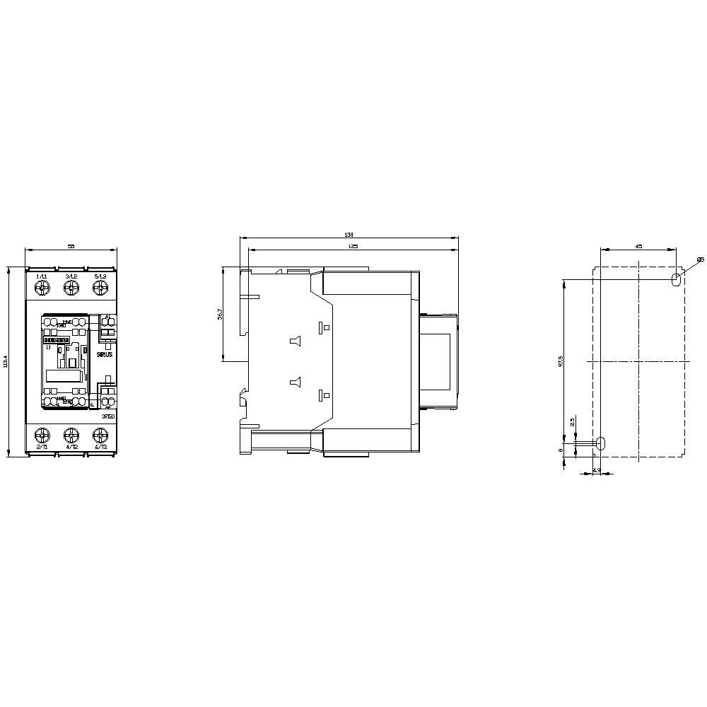 Technical drawing of an electronic component with three views: front view, side view, and top view, with dimensional measurements in millimetres.