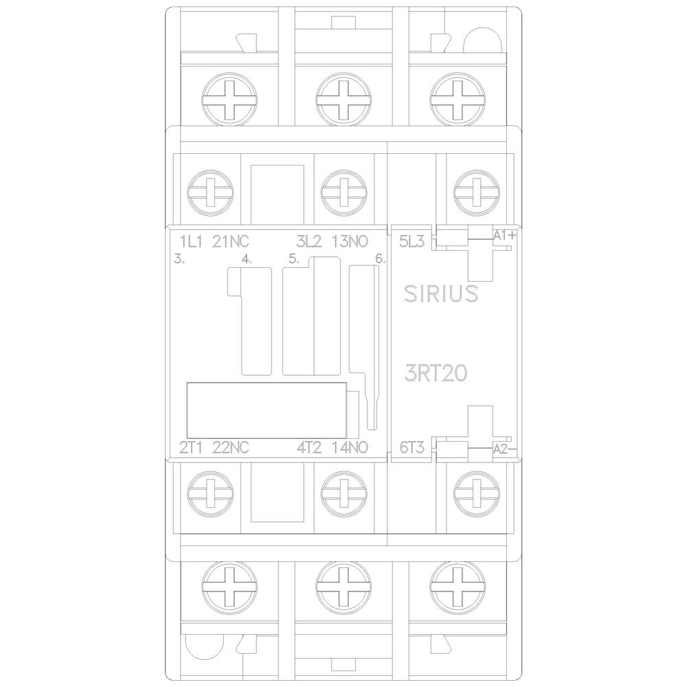 'Circuit diagram of a contactor with labels: L1/L2, 21NC, 3L2 13NO, 5L3, T1, 22NC, 14NO, 6T3. Brand name Sirius and model number 3RT20.'