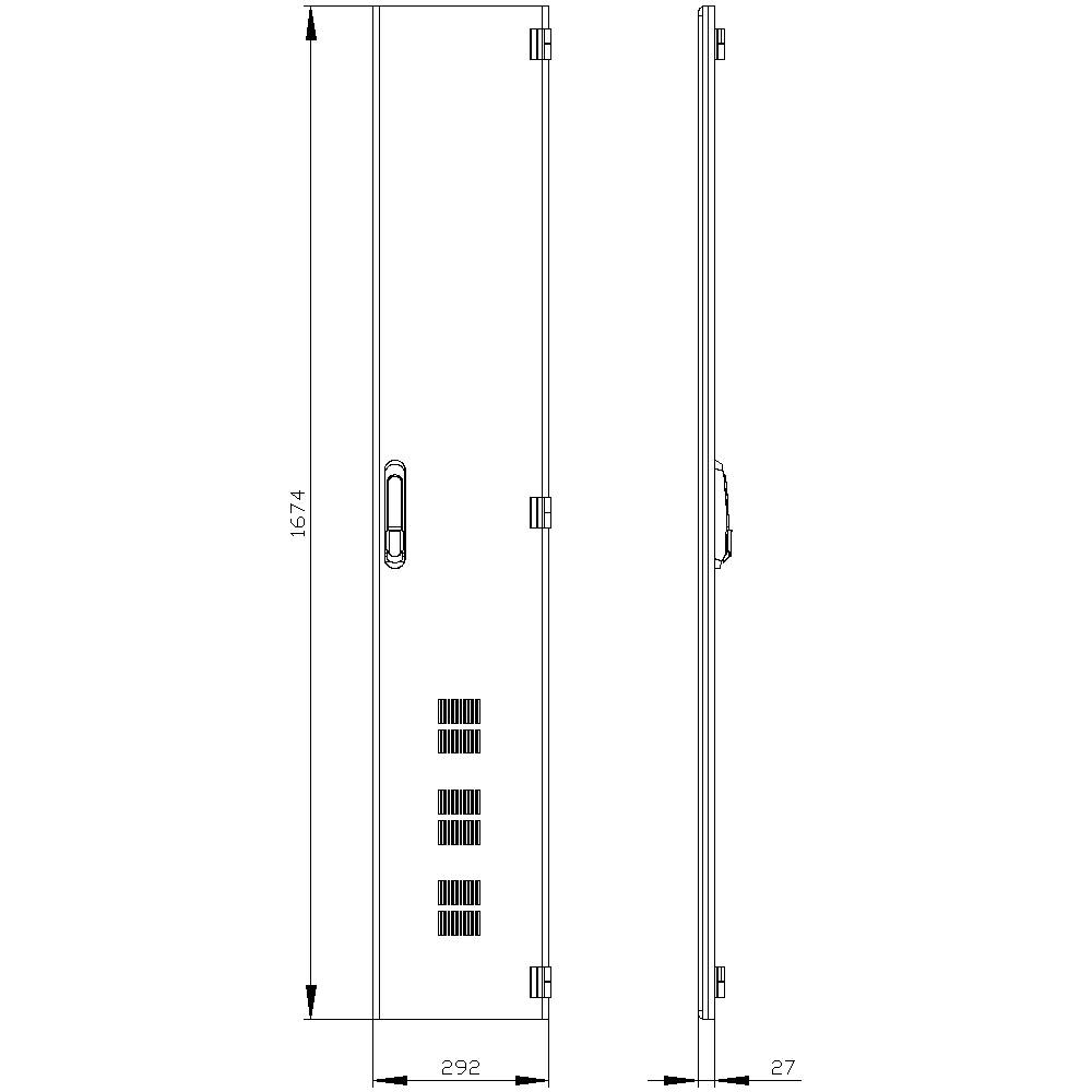 'Technical drawing of a narrow cabinet with front and side view. Dimensions: Height 1574 mm, Width 292 mm, Depth 27 mm.'
