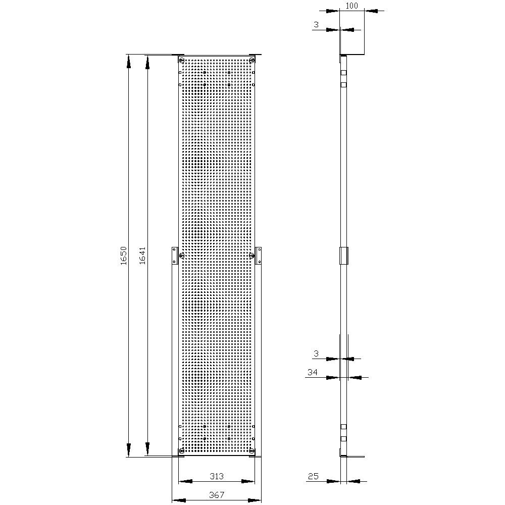 A technical drawing of a perforated metal grid with precise measurements in millimetres; height: 1,650, width: 367.