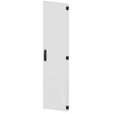 Narrow, white door with a black handle and black hinges, standing at a slight angle.