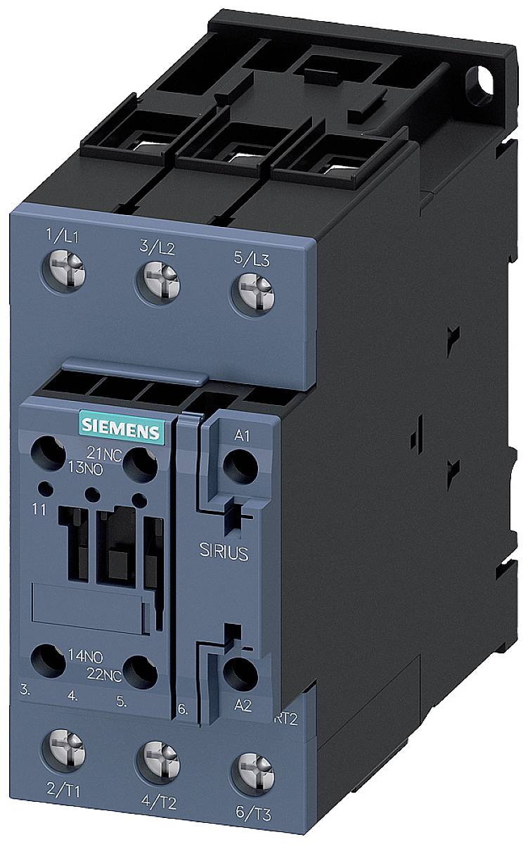 A black Siemens electrical contactor for industrial applications, with a blue front panel and multiple connection terminals.