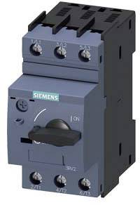 An electrical switch with a rotary handle, marked with 'Siemens'. The switch has various connection terminals and has been tested as 'ON'.