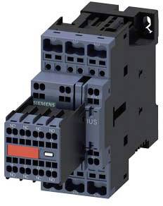 A black and grey electrical contactor from Siemens, with multiple terminals and a red push button on the front face.