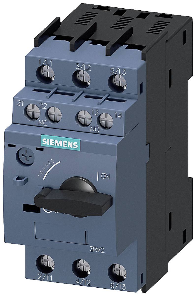 'Siemens contactor, blue casing, black toggle switch, open, seven terminal connections on top, labelled with model number 3RV2.'