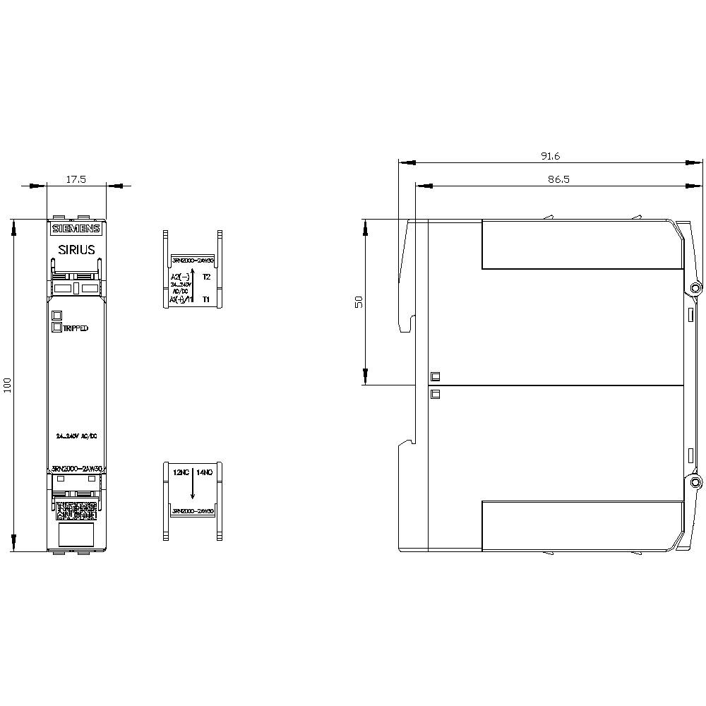 Technical drawing of an electrical component with dimensions: Height 95 mm, Width 17.5 mm, Length 91.6 mm.
