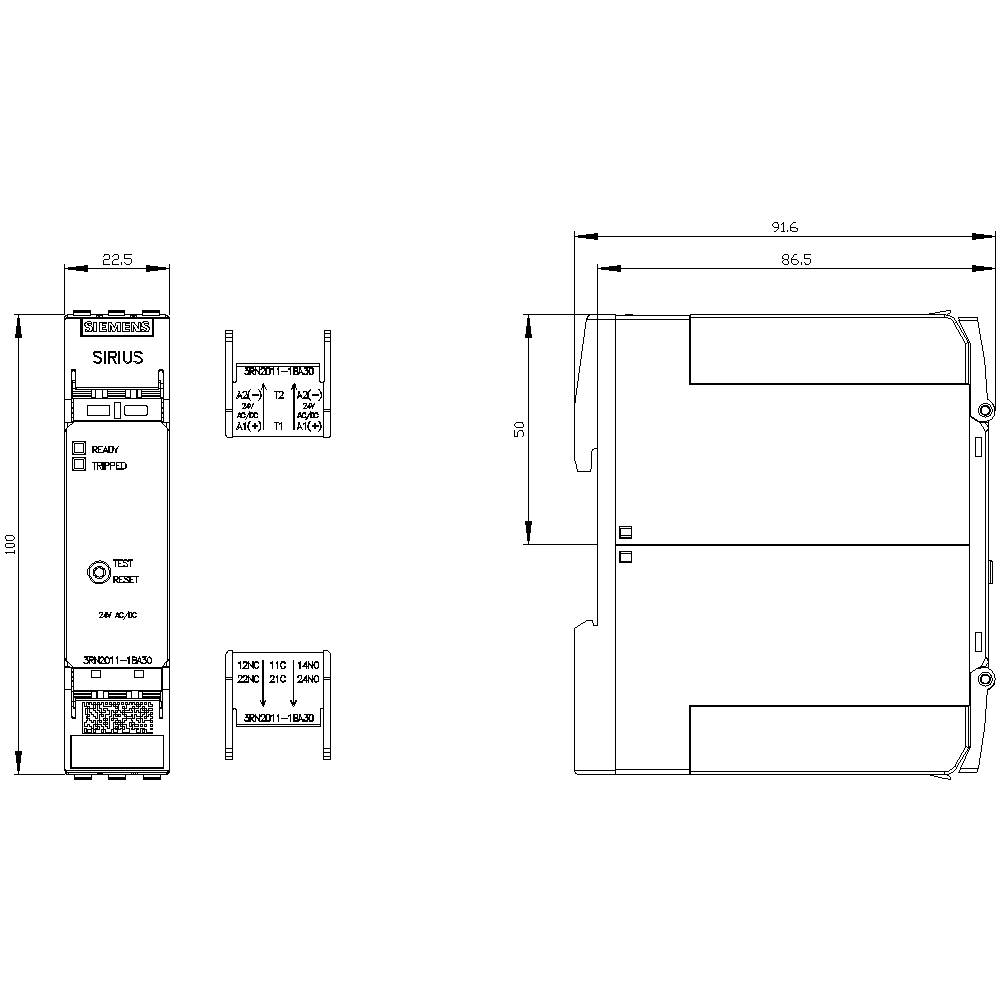 Technical drawing of an electronic device with detailed view and dimensions. Contains information on size and connections.