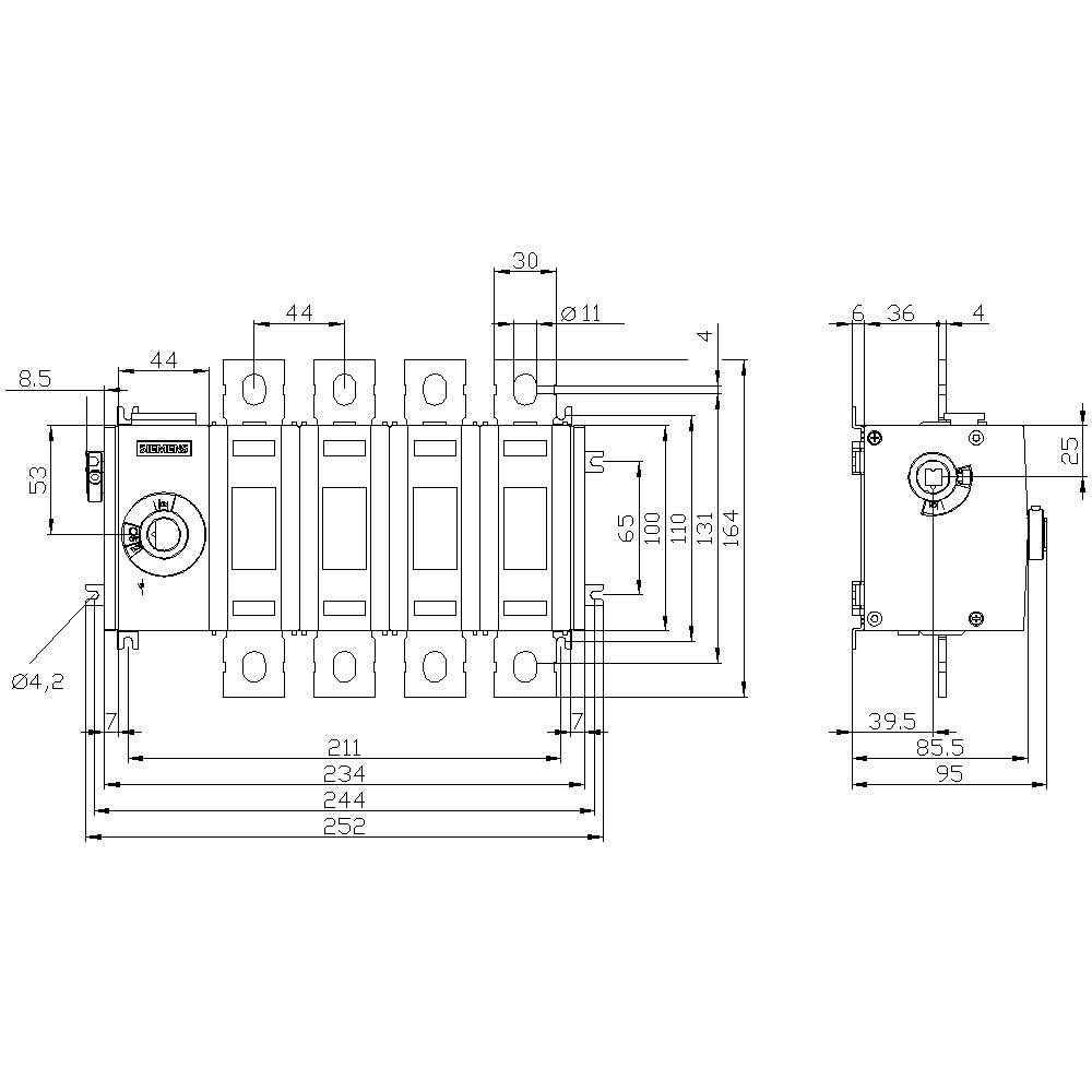 Technical drawing of a component with precise dimensions in millimetres. Shows front and side views with hole spacings.