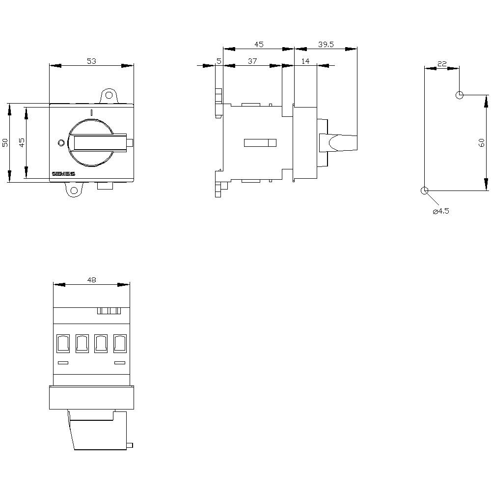 Technical drawing of a switch with dimensions. Shows the width, height and depth of the device along with switch position details.