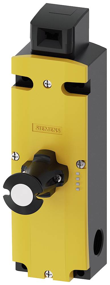 Yellow safety switching device with rotary handle and black border. Contains the Siemens logo. Device for securing machinery.
