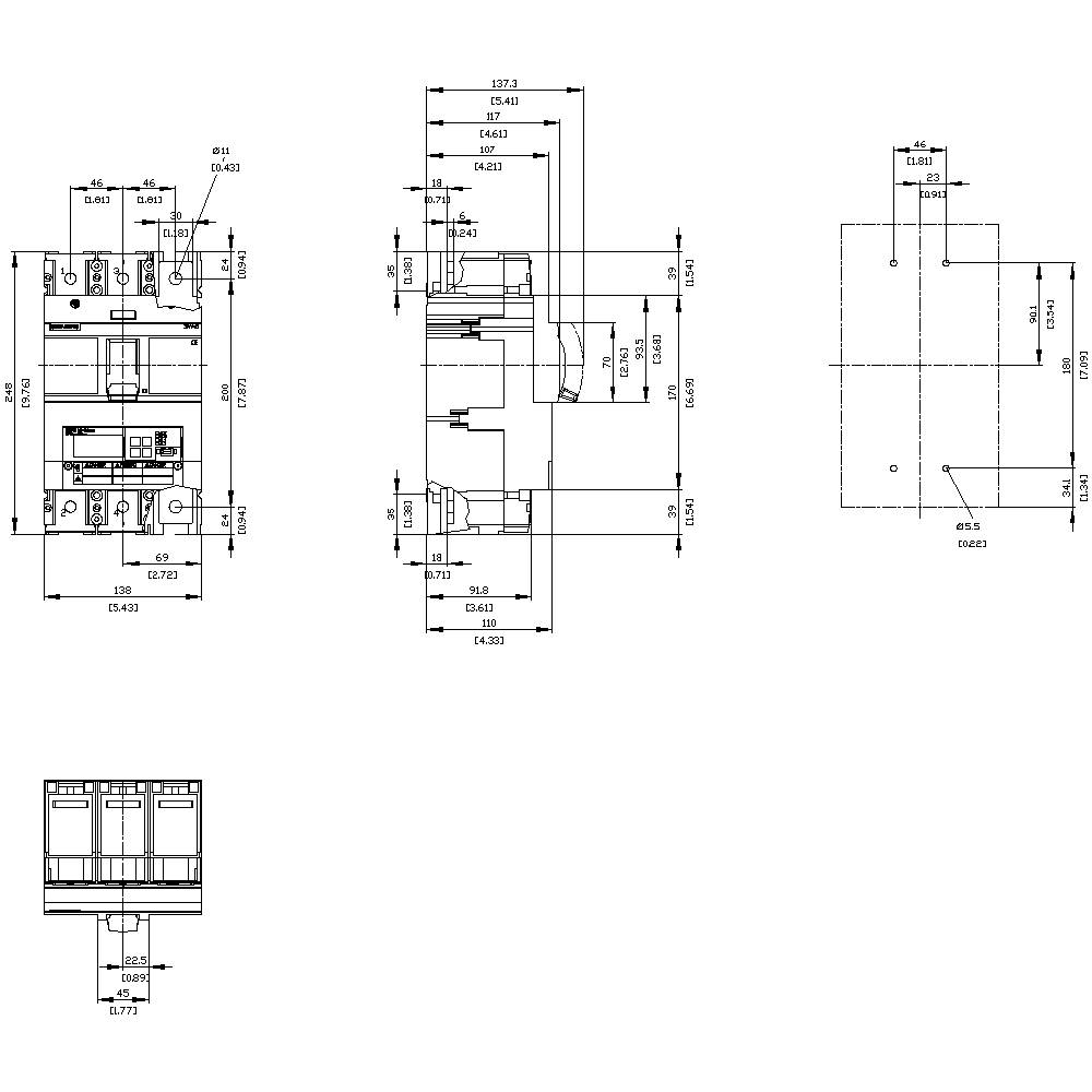 Technical drawing of an electrical switch with dimensions and views from different side perspectives.