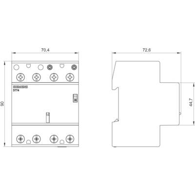 'Technical drawing of an electrical device with dimensions: Height 90mm, Width 70.4mm to 72.6mm, Depth 44.7mm. Designated as Siemens ST14.'