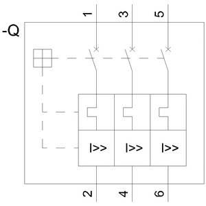 'Diagram of an electrical circuit diagram with six numbered switches and a Q connection on the left. Three symbols in the centre.'