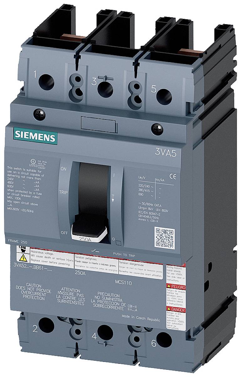 Siemens circuit breaker, model 3VA5, in dark grey colour with switch in the centre and product information on the front.