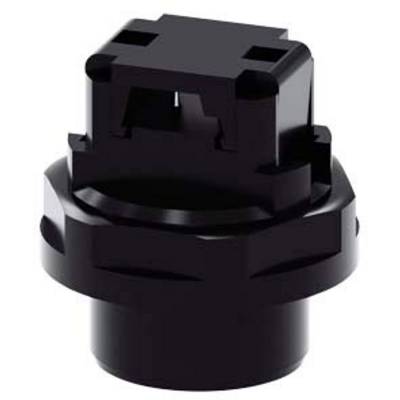 A black, cylindrical plastic component with a rectangular extension, potentially an electrical or mechanical part.