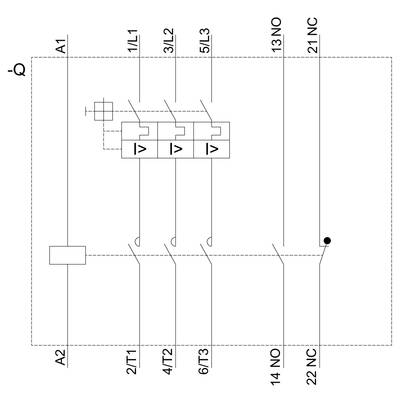 Circuit diagram of a three-phase relay with phase monitoring. Inputs and outputs are marked, along with phase contacts T1, T2 and T3.