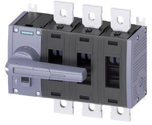 The image depicts a multi-pole, grey fuse-load disconnector with a lever-like handle.