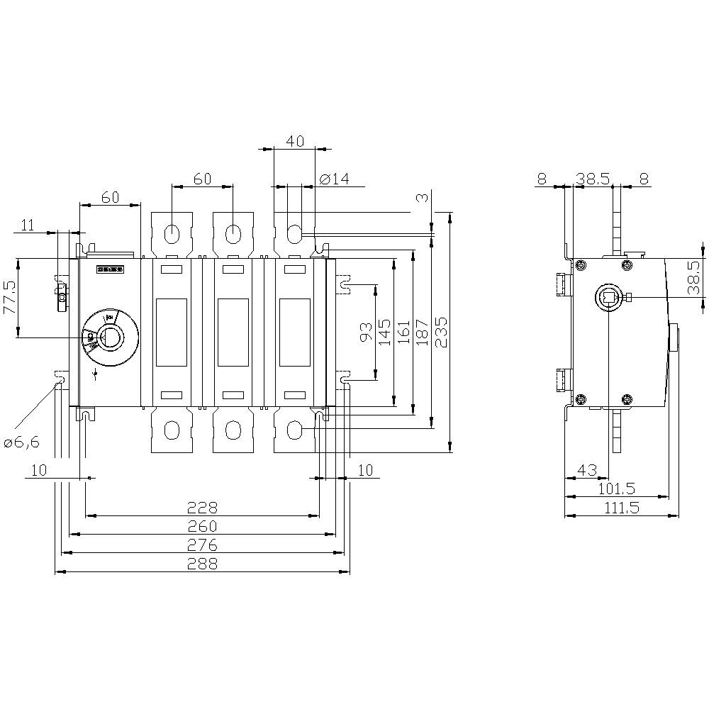 Technical drawing of an electrical switch with detailed dimensions and front and side views.