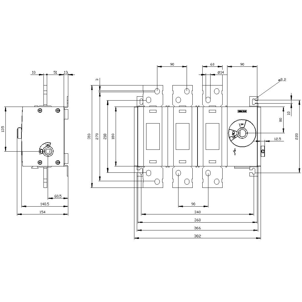 Technical drawing of an electrical switch with detailed dimensions and component view. Contains measurements in millimetres.