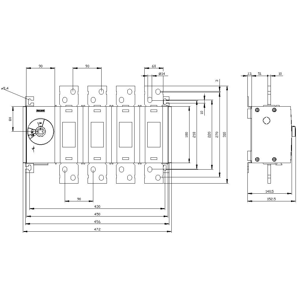 Technical drawing of an electrical switch with detailed dimensions and labels. Shows front and side view.