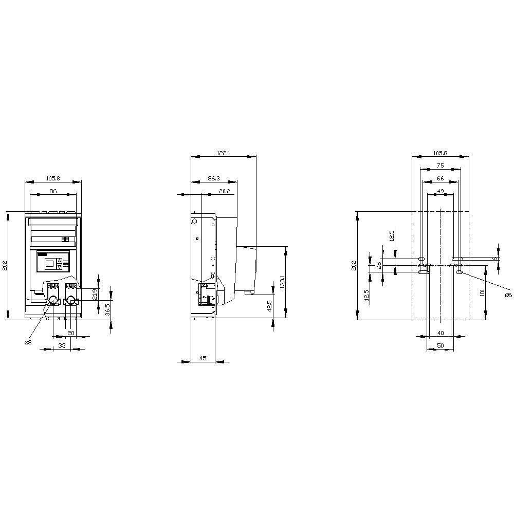 'Technical Drawing: Front, Side, and Top View of a Device with Dimensions in Millimetres. Includes Height, Width, and Depth Measurements.'