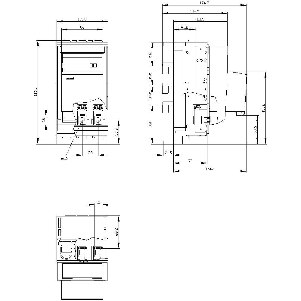 Technical drawing of an electrical control cabinet with precise dimensions in millimetres. Front, side, and rear views are shown.