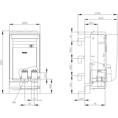 Technical drawing of a device with dimensions in millimetres. Front and side views show detailed measurements and structure.