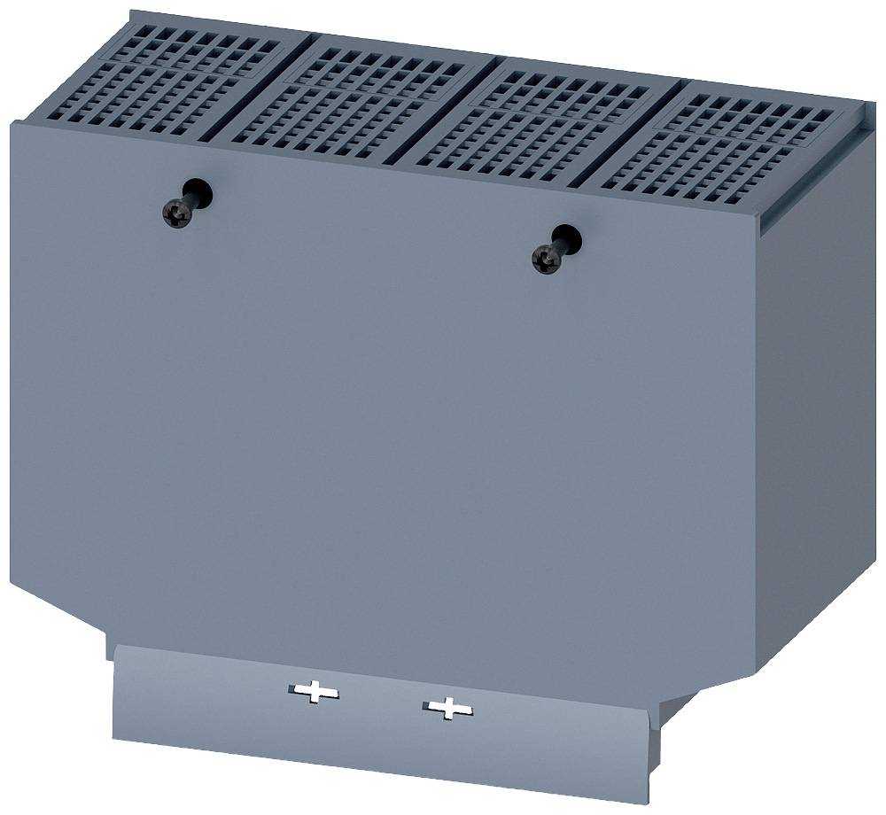 Grey electronic enclosure with ventilation slots and two mounting screws at the front. Suitable for DIN rail mounting.