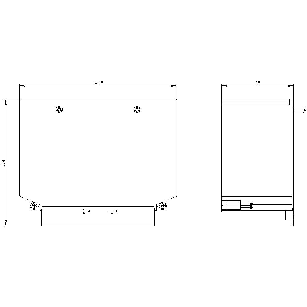 Technical drawing of a rectangular object with dimensions: width 141.5 cm, height 141 cm and depth 65 cm, side view.