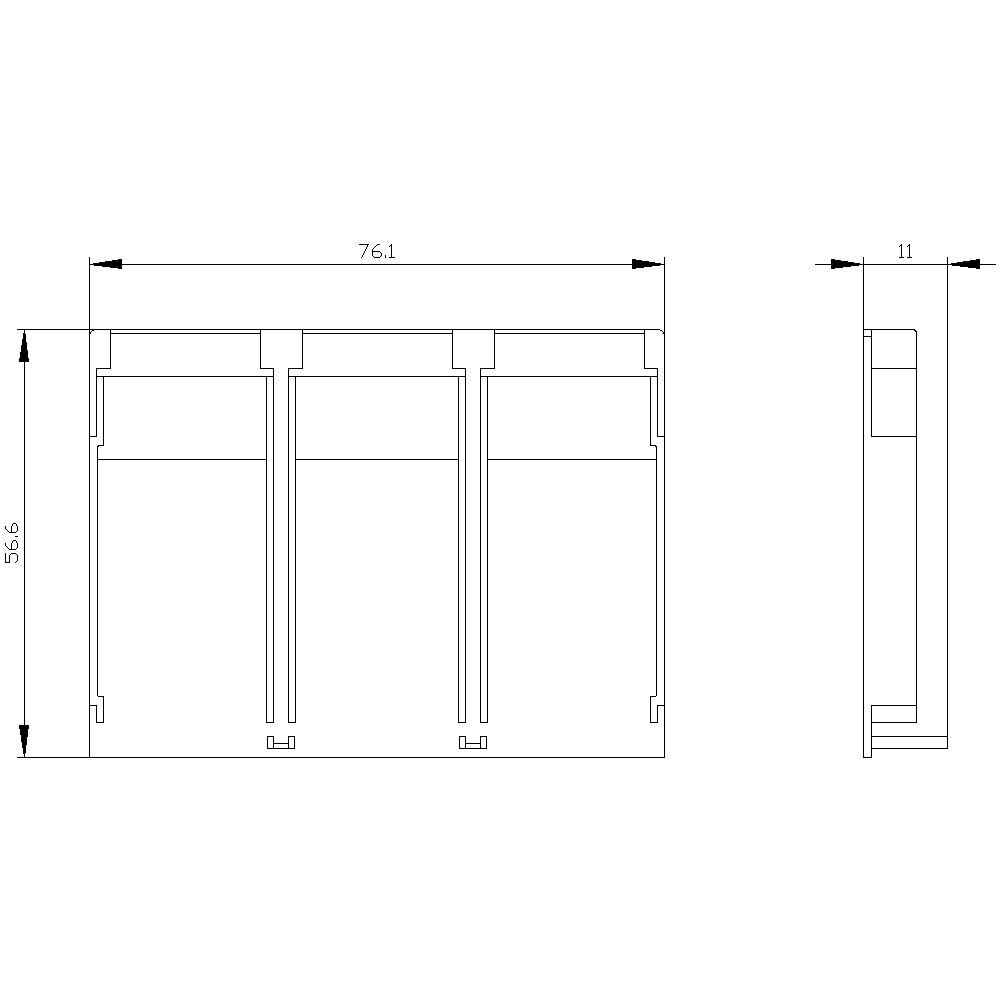 Technical drawing of a three-part waste separation system with dimensions 76.1 cm width, 11 cm depth, and 58.6 cm height.