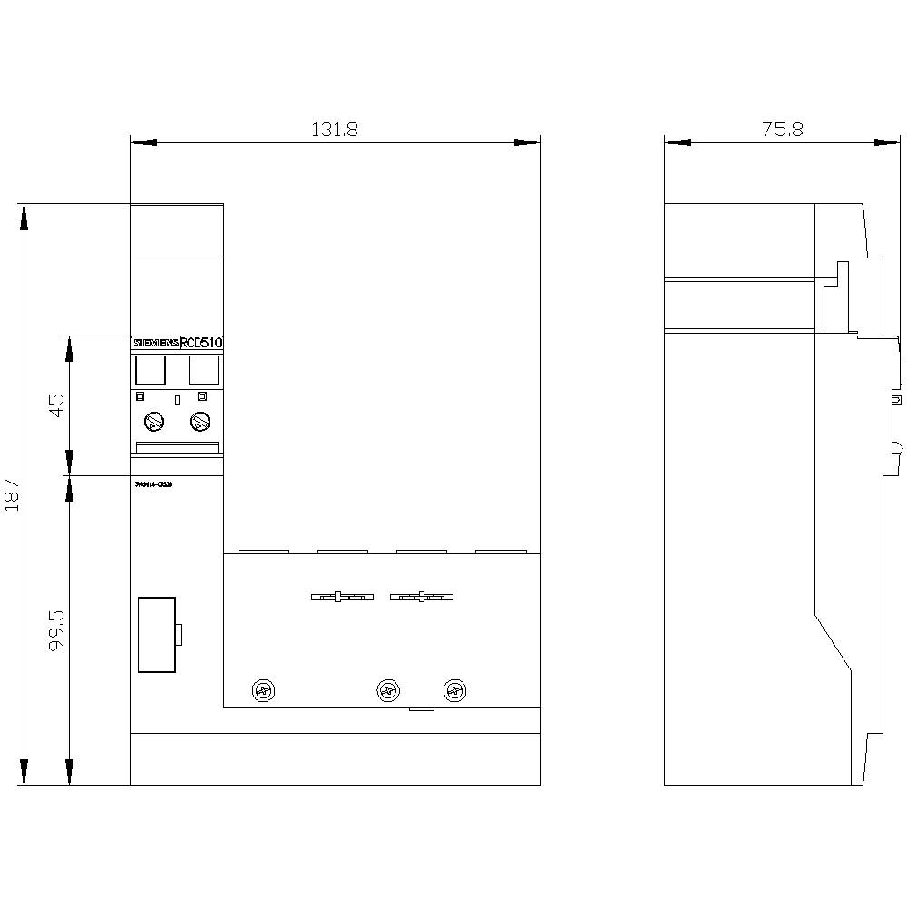 Left and right view of a technical device with buttons and ports. Dimensions: 131.8 mm x 187 mm x 75.8 mm.