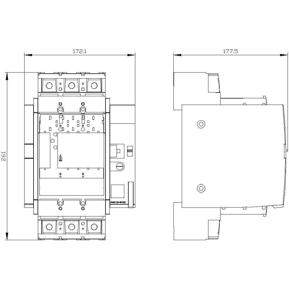 Technical drawing of a device, showing front and side views with dimensions of 172.1 mm width, 261 mm height, 177.5 mm depth.