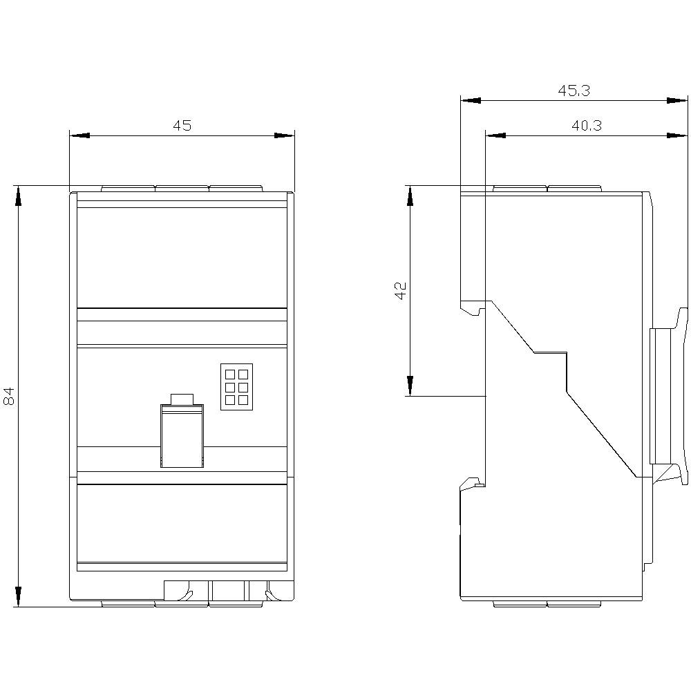 Technical drawing of a rectangular electronic device with dimensions: width 45 mm, height 84 mm. Side view shows depth of 42 mm. Connectivity and control elements visible.