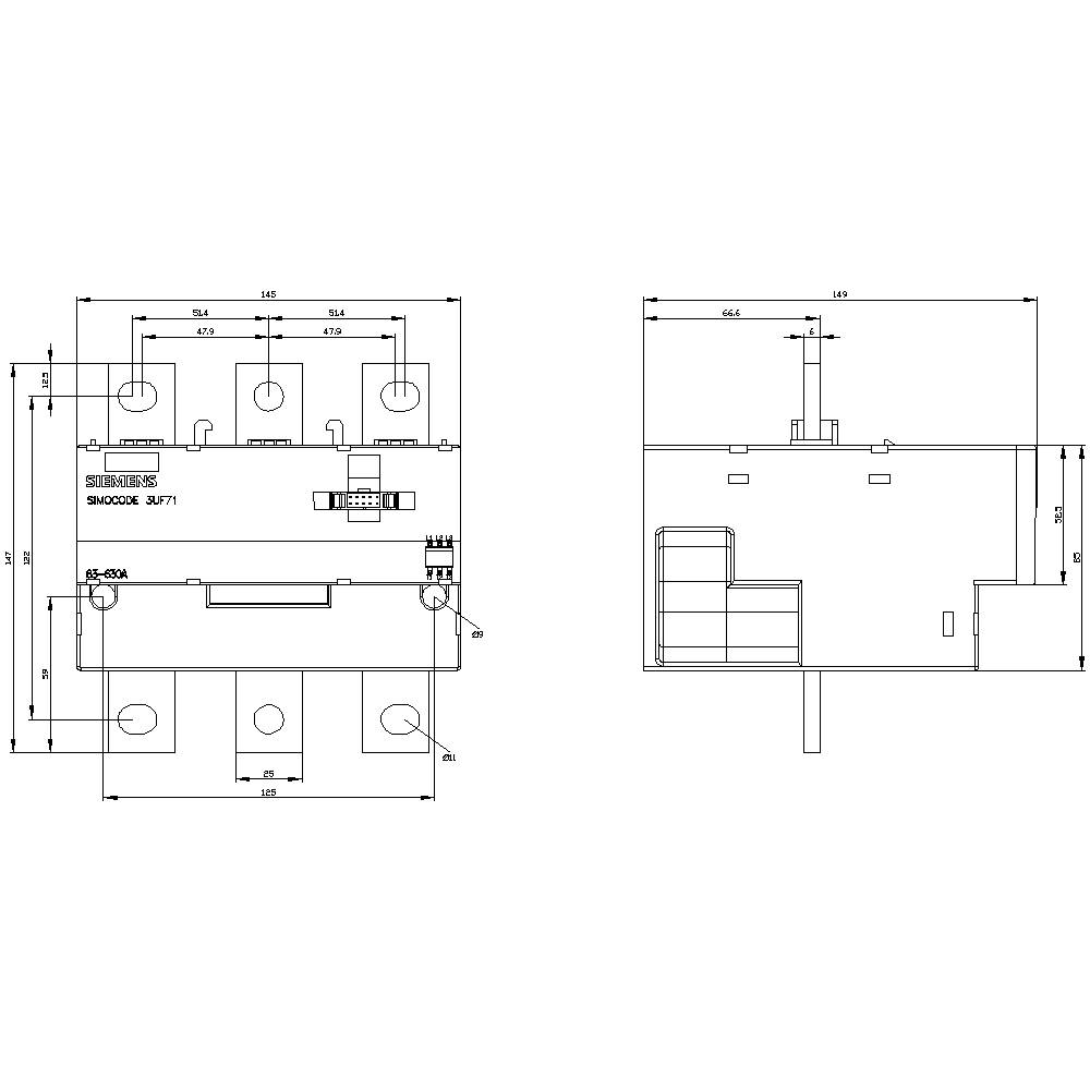 Technical drawing of a cabinet with dimensions. Shows front view and side view with drawers and compartments.