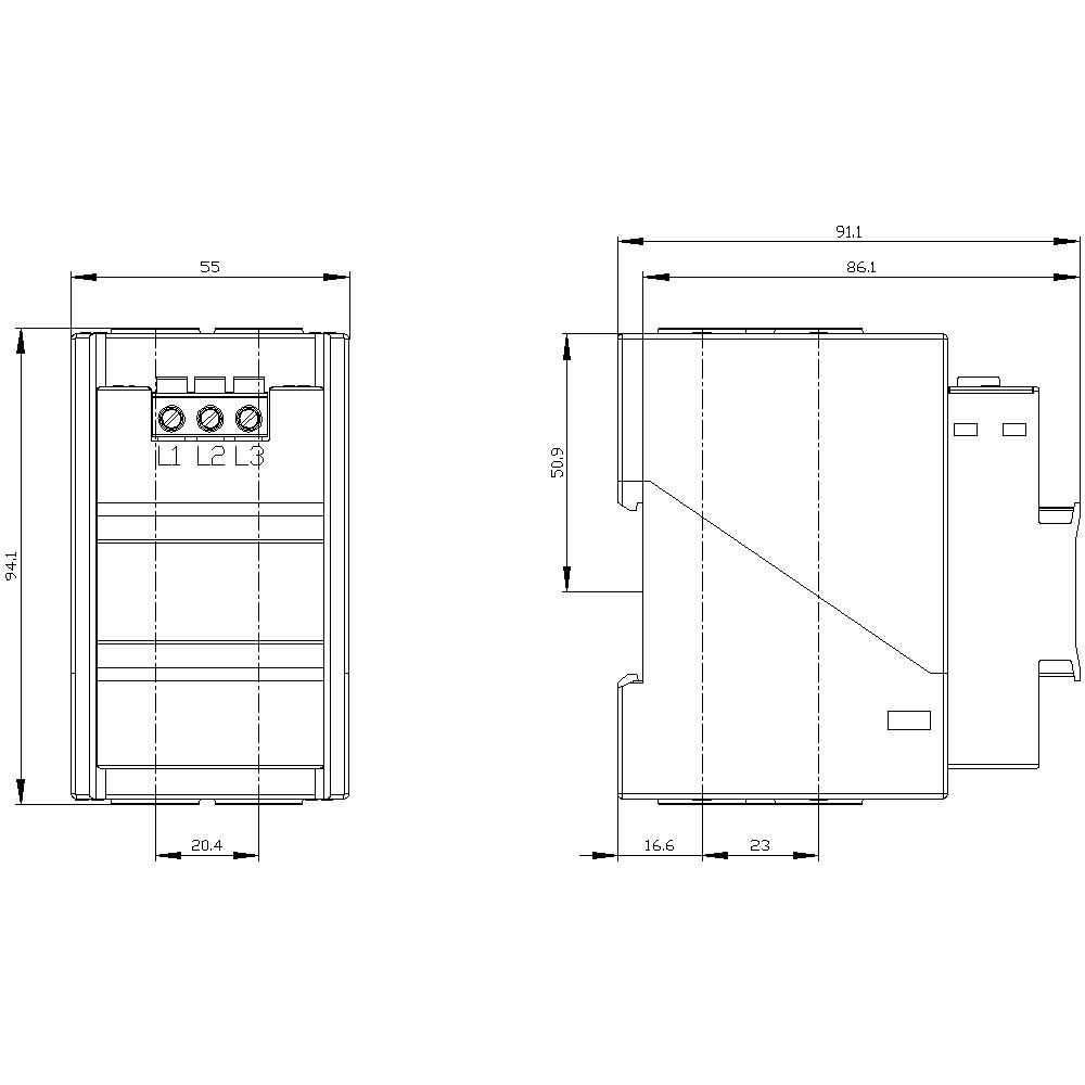 Technical drawing of a device with dimensions in millimetres. Front and side views show details and electrical connections.