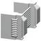 A grey, rectangular component with continuous, vertical grooves in the centre of its inner surface. Visible from left and right.