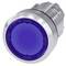 Round blue press button with silver rim, side view. Suitable for industrial controls or user interfaces.