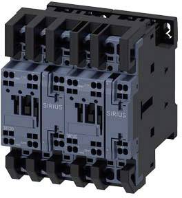 An industrial contactor with three switching modules, in blue and black tones, marked with 'SIRIUS'. Used in electrical control systems.