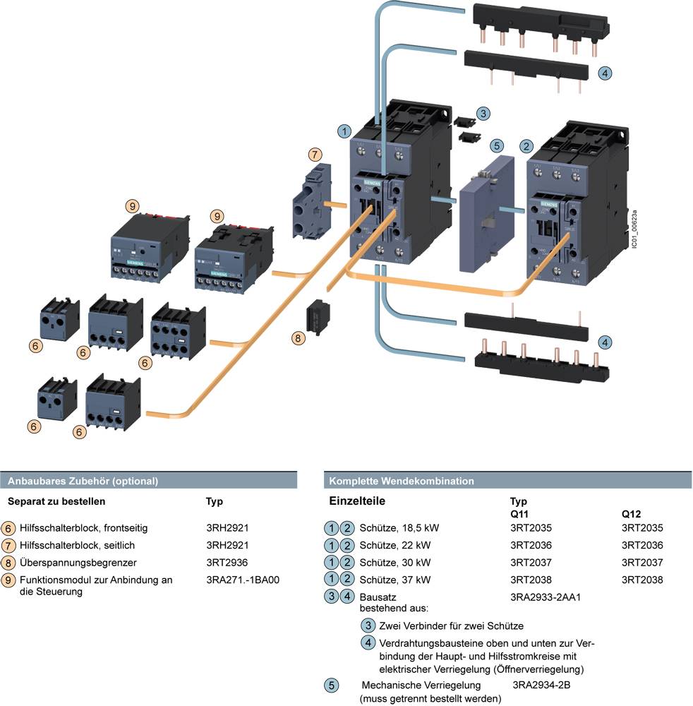 Diagram shows electrical components for reversing combinations. Includes contactors, auxiliary switches, and wiring. Mounting accessories available separately.