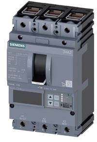 A Siemens electronic circuit breaker, model 3VA2. It has three poles and is grey with several operating controls and indicators.