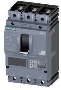 A three-pole circuit breaker by Siemens, Model 3VA2, with control buttons and a digital display for managing electrical circuits.