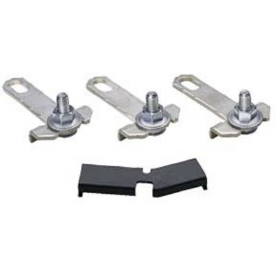 Three metal mounting brackets with screws and nuts, aligned above a black plastic piece, on a white background.