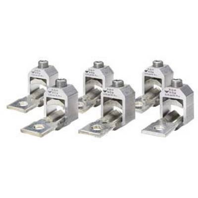 Six metal electrical terminals arranged in a row, each with an opening for connection purposes. They are used for securing cables.